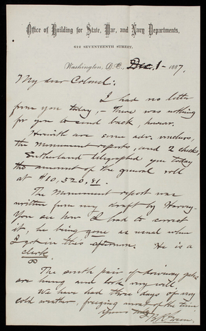 [Bernard] R. Green to Thomas Lincoln Casey, December 1, 1887