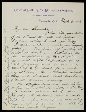 [Bernard] R. Green to Thomas Lincoln Casey, September 4, 1889