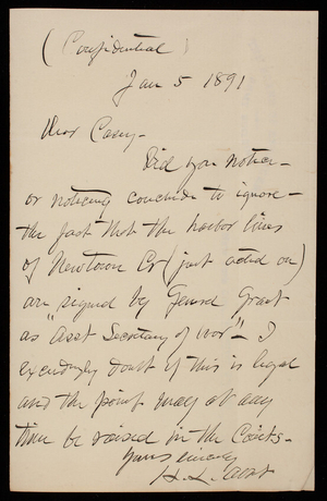 [Henry] L. Abbot to Thomas Lincoln Casey, January 5, 1891
