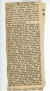 Newspaper clipping for describing the alumni reunion for New Salem Academy in 1889