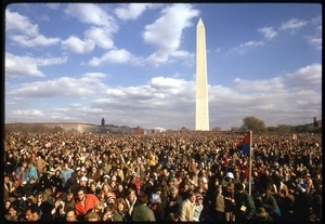 Massive crowd of anti-Vietnam war protesters in front of the Washington Monument: Washington Vietnam March for Peace