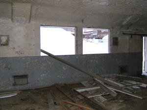 Interior view: refuse and view of Dickinson Hall through window