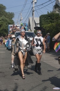 Parade marcher in metallic outfit : Provincetown Carnival parade