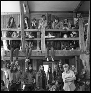 Communal meeting inside the Brotherhood of the Spirit dormitory in Warwick, Mass.