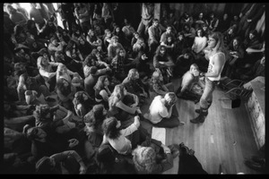 Michael Metelica addressing a crowd of commune members at a meeting inside the Brotherhood of the Spirit dormitory, Warwick, Mass.