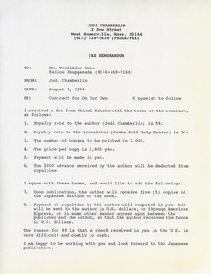 Fax memorandum from Judi Chamberlin to Toshihide Onoe