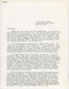 Letter from Judi Chamberlin to Judy Wall