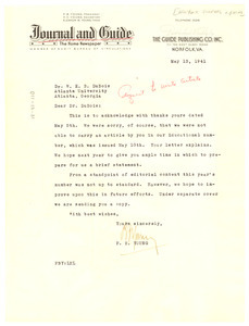 Letter from Norfolk Journal and Guide to W. E. B. Du Bois