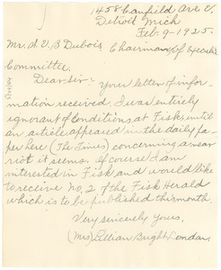 Letter from Lillian Bright-London to W. E. B. Du Bois