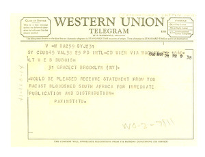 Telegram from International Institute for Peace to W. E. B. Du Bois