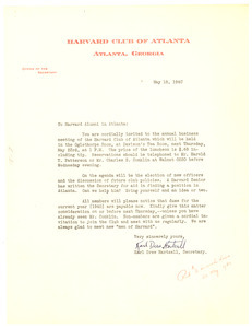 Letter from Harvard Club of Atlanta to Harvard Alumni in Atlanta