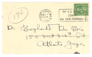 Postcard from International Mark Twain Society to W. E. B. Du Bois