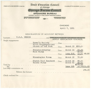 Memorandum of Account between W. E. B. Du Bois and Adult Education Council of Chicago