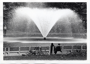 People seated in front of a fountain in Boston Common