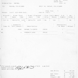 Work order by Rafael Feliciano of The Print House dated April 12, 1993