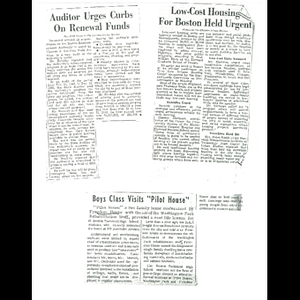 Photocopies of Christian Science Monitor articles about state audit of Boston Redevelopment Authority expenditures, need for low-cost housing, and students' visit to Pilot House