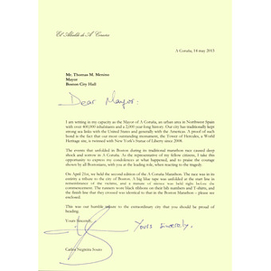 Letter and photos from the mayor of A Coruña, Spain to Mayor Menino after the 2013 Boston Marathon bombings