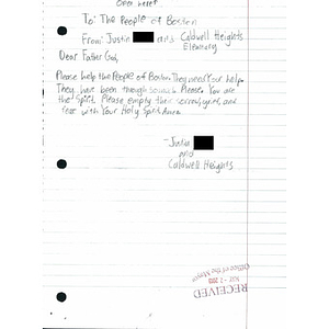 Letter from a Caldwell Heights Elementary school student (Round Rock, Texas)