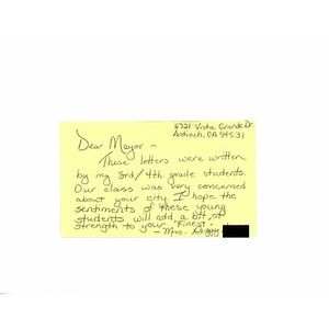 Letter to Boston from a teacher at Carmen Dragon Elementary School (Antioch, California)