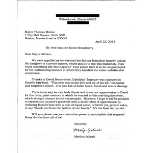 A woman from Willowbrook, IL writes to Mayor Menino with a request