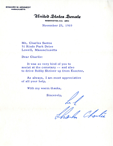 Letter from Edward M. Kennedy to Charles Santos Jr. (November 25, 1969)