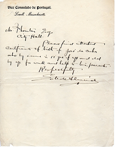 José Cunha Birth Certificate Note