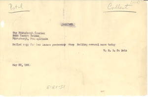 Telegram from W. E. B. Du Bois to Pittsburgh Courier
