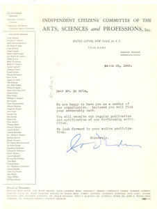 Letter from Independent Citizens' Committee of the Arts, Sciences, and Professions to W. E. B. Du Bois