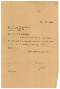 Letter from W. E. B. Du Bois to W. August B. Matthews