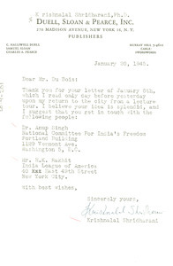 Letter from Kŗshņalāla Śrīdharāņī to W. E. B. Du Bois