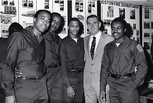 Mayor Raymond L. Flynn with Boston firefighters Charles Cooks, Mike Lungelow and 2 unidentified firefighters