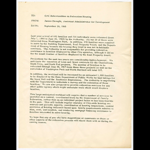 Memorandum from James Drought to members of the Citizens Advisory Committee (CAC) Subcommittee on Relocation Housing about family relocations in 1964 and 1965