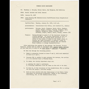 Memorandum from Muriel Snowden and Cathi Jackson to Thaddeus J. Tercyak, Walter Smart, Sam Thompson and Bob McGilvray about joint meeting Boston Redevelopment Authority (BRA) rehabilitation staff/Freedom House organizers