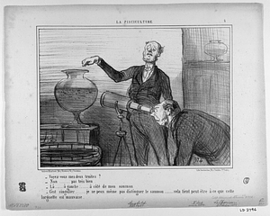 - Voyez-vous mes deux truites? - Non.... pas très bien. - Là..... à gauche...... à côté de mon saumon - C'est singulier..... je ne peux même pas distinguer le saumon....... cela tient peut-être à ce que cette lorgnette est mauvaise.