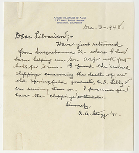 Letter from Amos Alonzo Stagg regarding Eugene Libby (December 3, 1948)