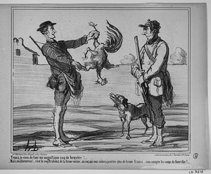 - Tenez, je viens de tuer un magnifique coq de bruyère!.... - Mais, malheureux!... c'est le coq Brahma de la ferme voisine..., un coq qui vous coûtera peut-être plus de trente francs.... sans compter les coups de fourche!....