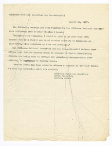 Statement by the Citizens National Committee for Sacco and Vanzetti concerning Senator William E. Borah, August 21, 1927