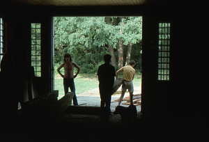 Barn beams in the Carriage House before the Moon Barn Raising at entrance to Hopkins Forest on 2 August 1975.