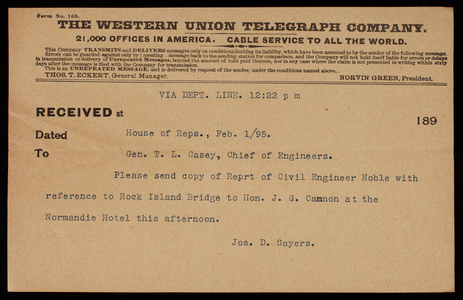 [Joseph] D. Sayers to Thomas Lincoln Casey, February 1, 1895, telegram