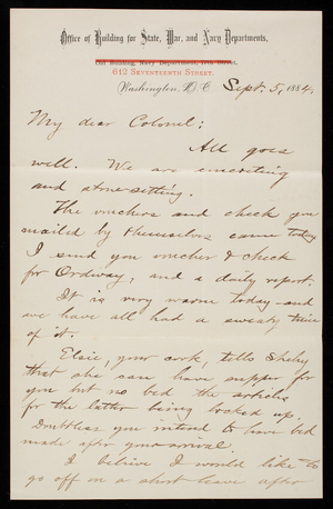 Bernard R. Green to Thomas Lincoln Casey, September 5, 1884