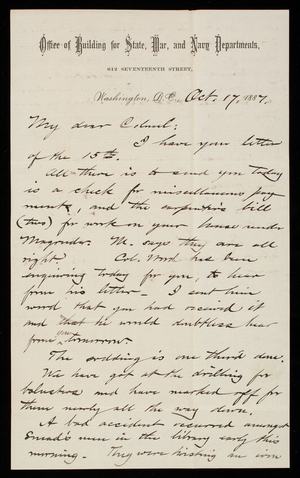 Bernard R. Green to Thomas Lincoln Casey, October 17, 1887