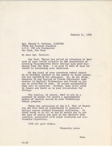 Letter from Massachusetts State College to Edward R. Mattson
