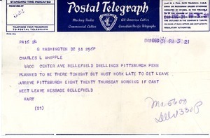 Telegram from Mary Pond to Charles L. Whipple