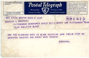 Telegram from George Markham to Charles L. Whipple
