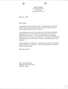 Letter from Gary Player to Peter McGuire