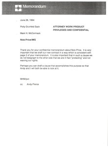 Memorandum from Mark H. McCormack to Polly Grunfeld Sack