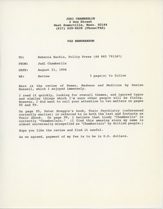 Fax from Judi Chamberlin to Rebecca Harkin