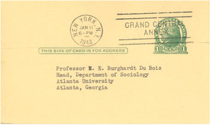 Postcard from Social Science Research Council to W. E. B. Du Bois