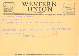 Telegram from Bishop R. R. Wright to W. E. B. Du Bois