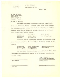 Letter from W. E. B. Du Bois, Paul Robeson, John Darr, and Howard Fast to World Peace Council